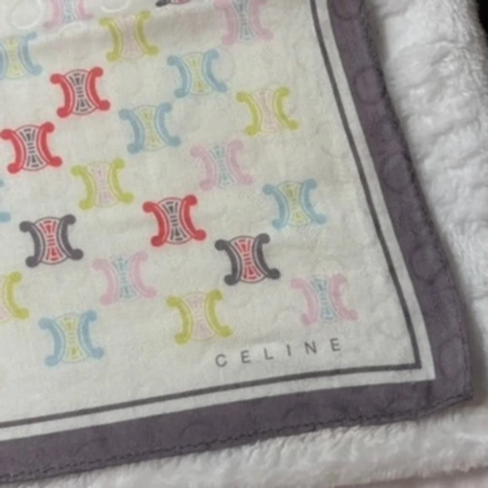 Vtg CELINE Scarf Handkerchief Macadam Logo Print Multicolor White 21.5